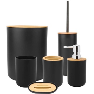 Lotionspender + Mülleimer+ Zahnbürstenhalter+ Zahnputzbecher+Toilettenbürste + Seifenschale, 6 Stück/Set Haushaltsbad Toilettenzubehörset (Schwarz)