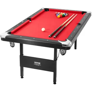 Vevor Billardtisch, 1,9 m Billardtisch, Tragbarer & Klappbarer Tisch, Billardtisch-Set inkl. Bällen, Queues, Kreide, Schwarz mit Rotem Tuch, Perfekt für Familienspielzimmer, Kinder und Erwachsene