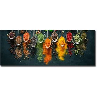 daazoo Küchenbild Vivid Spices 30 x 80 x 0,4 cm I Glasbild | Löffel frische Kräuter & Gewürze | Pfeffer Curry Beeren Pistazien Salz Körner Nüsse I Bild auf Glas I Küche Esszimmer | Home Deko XXL