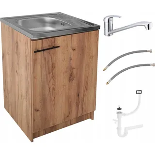STAMAR Spülenschrank Küchenschrank 60cm Eiche Gold Spüle Abtropf Armatur Chrom Set Kompakt Standschrank 50cm Tiefe Siphon Geschirrspüler Komplett Montagefertig braun