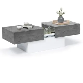 IDMarket - Couchtisch, ausziehbar, Marta, Holz, weiß und Platte in Betonoptik