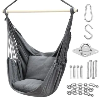 Ohuhu Hängesessel mit 2 Kissen und Deckenhaken-Kit, Hängesessel Outdoor XL Hängestuhl bis 150 kg für Erwachsene & Mädchen, Hängesitz Aufhängung Indoor Outdoor Schlafzimmer und Garten, Anthrazit