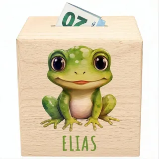 Frosch Spardose für Kinder personalisiert Sparbox aus Holz Sparschwein mit Schlüssel Taufgeschenk für Jungen Mädchen Holzspardose