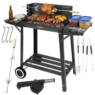 Holzkohlegrill Grillwagen mit Drehspieß Garten BBQ mit Ablage