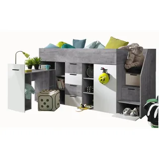 Abiks Möbel Hochbett, Grau, Weiß, Holz, Nachbildung, 10 Fächer, 4 Schubladen, 90x200 cm, Kinder- & Jugendzimmer, Kindermöbel, Kinderbetten, Hochbetten