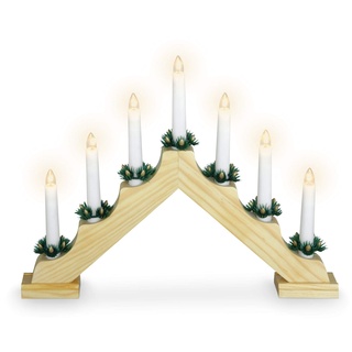 Holz Schwibbogen 39 cm mit 7 LED Kerzen und Timer - Natur - Weihnachtsdeko mit Beleuchtung - Adventsleuchter Lichterbogen Kerzenbrücke Fenster Deko Batterie betrieben