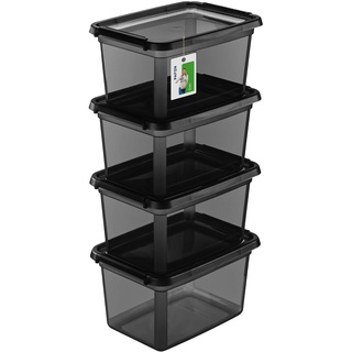 PAFEN 4X Aufbewahrungsbox mit Deckel 15L - 38 x 28,5 x 22 cm - Boxen Aufbewahrung Stapelboxen mit Verschlussclips Kunststoffbehälter Kleiderboxen Transparent Organizer | Schwarz
