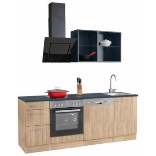 Küchenzeile OPTIFIT "Mini" Komplettküchen-Sets Gr. B/T: 210 cm x 60 cm, schwarz (küche: eichefarben, anthrazit, korpus: arbeitsplatte: anthrazit) Küchenzeilen mit Elektrogeräte