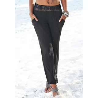 Strandhose LASCANA Gr. 42, N-Gr, schwarz Damen Hosen Strandhosen mit Häkelbund und Taschen, Jerseyhose, elastisch, bequem