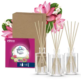 Glade Raumduft, 3 Glas-Flakons & 15 Duftstäbchen | Langanhaltender Lufterfrischer mit ätherischen Ölen, Bis zu 5 Wochen Frische, Relaxing Zen Duft, 3x 50 ml Glasflakons