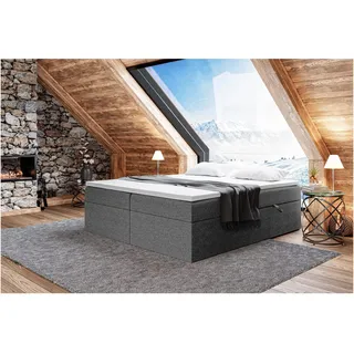 MEBLINI Boxspringbett mit Bettkasten - 180x200 - Gepolstert Doppelbett mit Matratze und Topper - Polsterbett mit Stauraum - Bett ohne Kopfteil - Stauraumbett - Lionel - H4/Dunkelgrau Webstoff