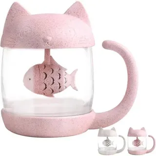 Teebecher Glas Katzen Fisch Teeinfuser Sieb Filter 250ML Rosa
