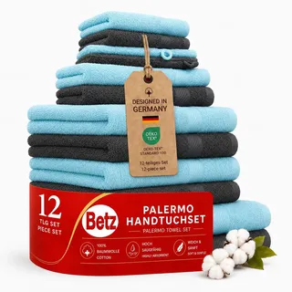 Betz 12-TLG. Handtuch-Set Palermo 100% Baumwolle 2 Liegetücher 4 Handtücher 2 Gästetücher 2 Seiftücher 2 Waschhandschuhe Farbe türkis und anthrazit