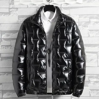 Stylische Herren Winter Outwear Dicke Kapuze Puffer Jacke im glänzenden Wetlook perfekt für Outdoor (2XL Schwarz)
