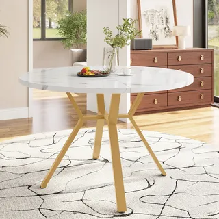 Runder Esstisch Mdf Mit Marmoroptik Weiß & Stahl Gold, √ò100x75 Cm