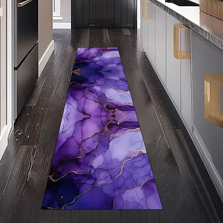 Gaqinhh Lila Marmor Optik Teppich Läufer für Schlafzimmer Wohnzimmer, Moderne Ästhetik Kunst Teppichläufer Waschbar rutschfest für Küche Flur Eingangsbereich Bettumrandung Teppiche 60x240 cm