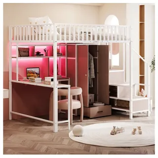 Ulife Hochbett Metall-Hochbett 140x200 mit Schreibtisch, Schrank & LED (Weiß) Weiß