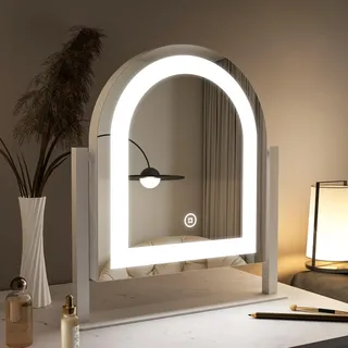 WDWRITTI LED Tischspiegel Schminkspiegel mit Beleuchtung, 3 Lichtfarbe Dimmbare 3000-6500K Bogen Kosmetikspiegel, Stehend Rasierspiegel 360° Drehbar, Make Up Mirror mit Touch Schalter, Weiß