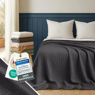 Blumtal Tagesdecke Baumwolle 200x230 cm - Musselin Decke Oeko-TEX zert. - Bettüberwurf 200x230 - Couch Überwurf - leichte Kuscheldecke Baumwolle 100% - Decke Wohnzimmer Sofa - Bedspread Anthrazit