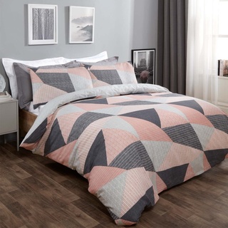 DREAMSCENE Bettwäsche-Set mit geometrischem Muster und Kissenbezügen, skandinavisches Design, Rosa und Grau, für Doppelbetten, DDHSTGEBL02, Blush pink grau