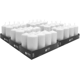 Müller Stumpenkerzen - Weiß - Set mit 48 Blockkerzen - Durchmesser 6 cm, Höhe 12 cm - 32 Stunden Brenndauer - Ohne Duft - Kerzen für Haushalt, Feiern und Gastronomie