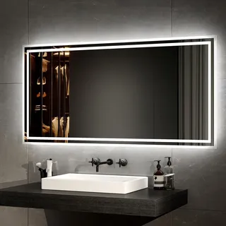 EMKE LED Badspiegel mit Beleuchtung 120X60 cm Antibeschlag, Wandspiegel Badezimmerspiegel mit mechanischem Schalter, 3000K/6500K Lichtfarben, IP44 - Silber