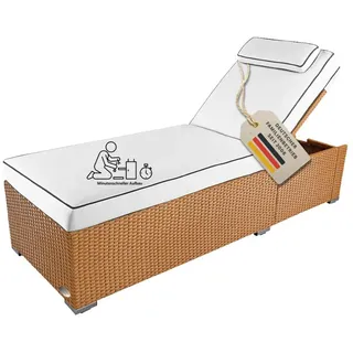 RS Trade Sonnenliege Gartenliege wetterfest extra hoch auch für Senioren – Polyrattan Outdoor mit Rollen, stabil & belastbar bis 200kg, XXL für Garten Terrasse Balkon, Natur Rattan, mit heller Auflage