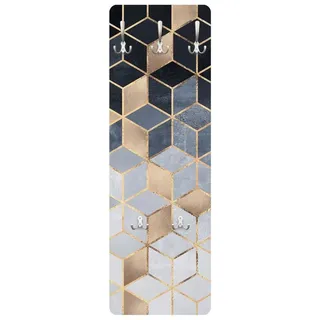 Bilderdepot24 Garderobenpaneel gold Abstrakt Aquarell Kunst Muster Blau Weiß goldene Geometrie (ausgefallenes Flur Wandpaneel mit Garderobenhaken Kleiderhaken hängend), moderne Wandgarderobe - Flurgarderobe im schmalen Hakenpaneel Design goldfarben