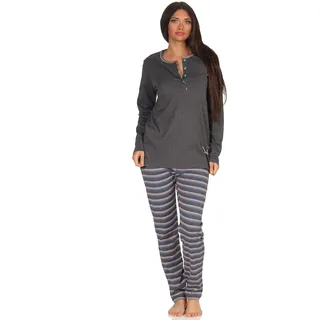 NORMANN-Wäschefabrik Damen Pyjama Kuschelinterlock Hose gestreift - süsses Faultier Tiermotiv - auch in Übergrössen, Farbe:anthrazit-Melange, Größe2:48/50 - 48