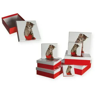 Geschenkboxen 8er Set Katze mit Wollknäuel ca. 22,5x22,5x8 cm Geschenkkarton rot #1635