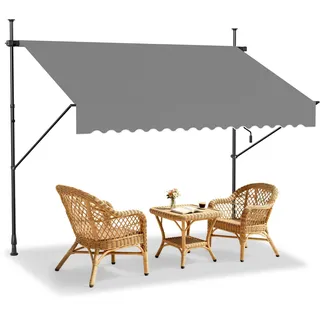 HENGMEI Klemmmarkise ohne Bohren, Balkonmarkisel, Grau, 250x120cm | Verstellbares freistehendes Markisen stangenmontiert bohrfreie Montage mit Handkurbel Sonnenschutz für Terrasse und Balkon