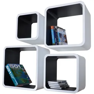 VG line Wandregal 4er Set Cube, Retro Design Würfelregal aus MDF, Schweberegal Set für Wohnzimmer, Schlafzimmer & Flur (Weiß/Schwarz)