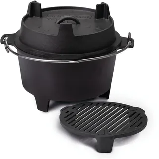 Grillfürst Dutch Oven ca. 6 Liter - stabil stehender Feuertopf durch speziell entwickelte T-Füße, hitzebeständiger Gusseisen Topf, Deckel als Pfanne nutzbar, DO 6 inkl. Stapelrost Feuerrost