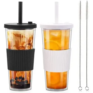 Bubble Tea Becher 24oz mit Strohhalm und Deckel, Doppelwandig Isoliert