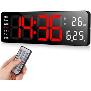 Fuloon Digitale Wanduhr, USB Wanduhr mit Großdisplay, LED-Digitaluhr mit Fernbedienung, Countdown-Dimmer, große Uhr mit Datum, Woche, Temperatur (Rot, 13 Zoll)