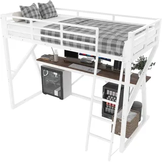 OKWISH Hochbett 90x200 mit Schreibtisch und LED-Beleuchtung, stabiles Metallbett mit Leiter und Rundum-Geländer, platzsparendes Funktionsbett Weiß