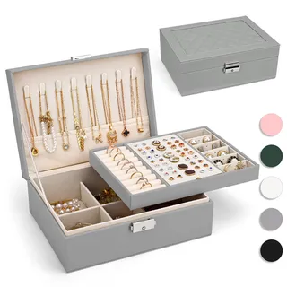 Schmuckkästchen für Damen 2-schichtige Schmuckkoffer PU-leder, Silbergrau | Schmuckschatulle Schmuckaufbewahrung, Schmuckbox Reise für Ringe, Ohrringe, Armbänder, Ketten für Frauen