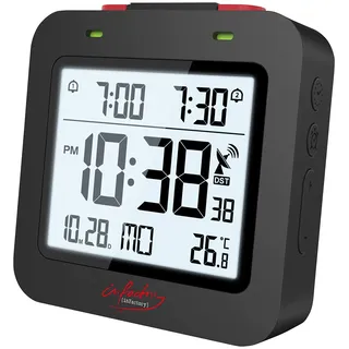 infactory Funk Reisewecker: Digitaler Reise-Funkwecker mit Thermometer, Datum, Dual-Alarm, schwarz (Wecker 2 Weckzeiten, Funkwecker 2 Weckzeiten, klein)