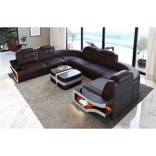 Sofa Dreams Wohnlandschaft Leder Couch Sofa Elena U Form Ledersofa, U-Form Ledersofa mit LED-Beleuchtung braun