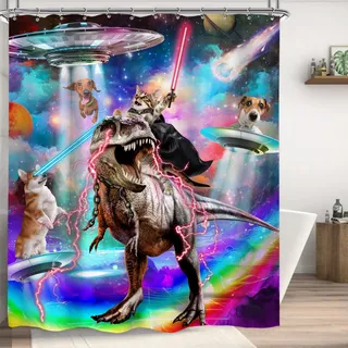 Ufeela Duschvorhang mit lustiger Katze, reitender Dinosaurier, 152,4 x 183,9 cm, Trex Fantasy, Galaxie, lustig, Dino, Kinder, Jungen, für Badezimmer, Dekor-Sets, Stoff, wasserdicht, Polyester,