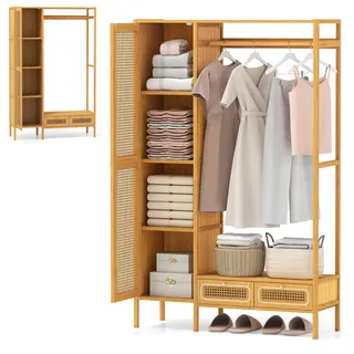 HOMASIS 4 in 1 Kleiderständer mit Kleiderschrank, Kleiderstange, Ablage & 2 Schubladen, Bambus Garderobenständer groß, Garderobe Jackenständer für Flur Wohnzimmer Schlafzimmer, 102x33x160cm, Natur