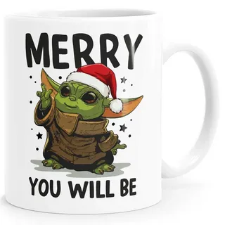 MoonWorks Tasse Kaffee-Tasse Weihnachten Geschenk lustig Baby Yoda mit Spruch Merry, Keramik weiß