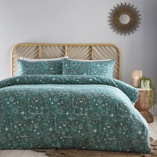 Charlotte Thomas Himmlisches Grün Bettbezug-Set Sonne, Mond und Sterne Bettwäsche Dunkelgrün Bettwäsche mit Kissenbezug Einzelbett