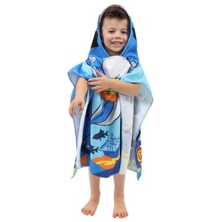 Kinderbademantel Kinder Poncho Handtuch Hai Badetuch Strandtuch blau