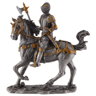 Ritter auf Pferd mit Axt, aus Zinn, mit Silber- Goldfarbe von Hand bemalt, by Veronese