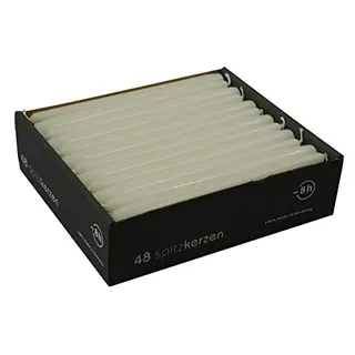 Spitzkerzen Großpackung - Weiß - Länge 25cm / Ø 2,3cm - 48 Stück im Pack - Hohe Brenndauer (8 Stunden) & Einwandfreies Brennverhalten - Altarkerzen/Leuchterkerzen