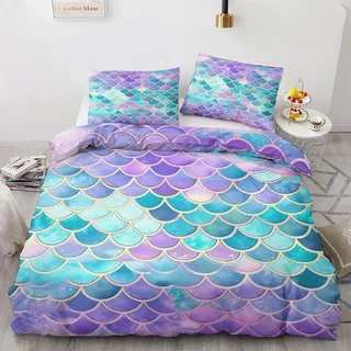GEDAEUBA Meerjungfrauen Fischschuppen Bettwäsche 135x200 - Mädchen Bettbezug 135 x 200 2er Set, Wendebettwäsche und Kissenbezug 80x80, Weiche & Angenehme Mikrofaser Bettwäsche-Sets mit Reißverschluss
