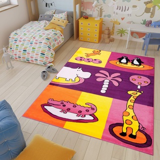 TAPISO Kinder Teppich Kurzflor Kinderteppich Modern Tiere Design Bunt Lila Gelb Orange Giraffe Motiv Kinderzimmer ÖKOTEX 80 x 150 cm