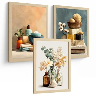 POSTER 3er-Set dekorative Badezimmer-Wandbilder und für Waschbecken, Dusche, WC mit Kerzen, Seifen und Blumen, farbenfroher Leichter Holzrahmen A3