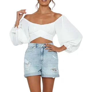 Crop Tops Damen Puffärmel - Bluse Elegant T Shirt Damen Sexy Quadratischer Ausschnitt Korsett Tunika Top Cropped Oberteile Festliche Party Oberteil Blusen & Tuniken für Damen Teenager Mädchen